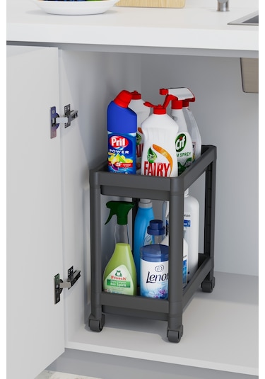 2 Katlı Düzenleyici Mutfak Rafı Banyo Rafı, Dolap Tezgah Altı Evye Altı Deterjanlık - Siyah Siyah