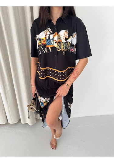 Asprinfashion Plise Etekli Baskılı Bayan Gömlek Etek Takım Siyah