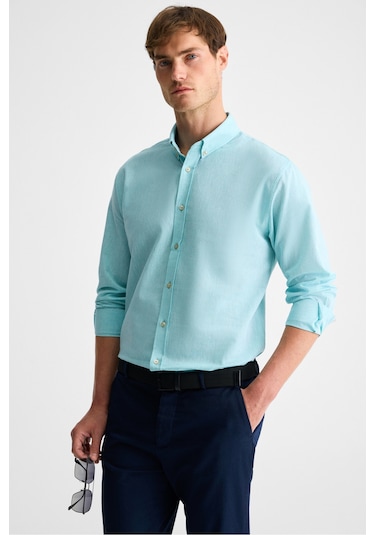 Lasse Erkek Gömlek Yaka Manşetli Uzun Kollu Regular Fit Keten Karışımlı Mint Yeşil Gömlek
