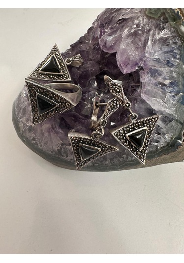 Oniks Ve Markazit Taşlı Gümüş Set Takım 925 Ayar 18,18 Gram