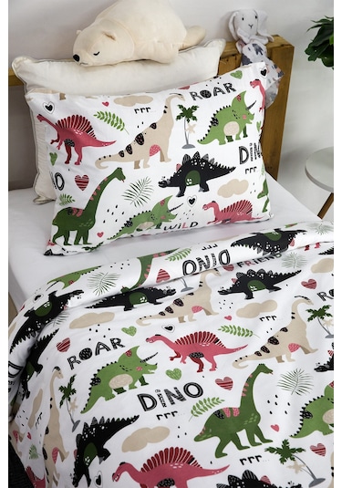 Dino %100 Pamuk Tek Kişilik Nevresim Seti - Yeşil Yeşil
