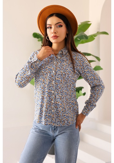 Kadın Çiçek Desenli Uzun Kollu Gömlek Rahat Kesim, Hafif Ve Nefes Alabilen Kumaş, Günlük Mavi