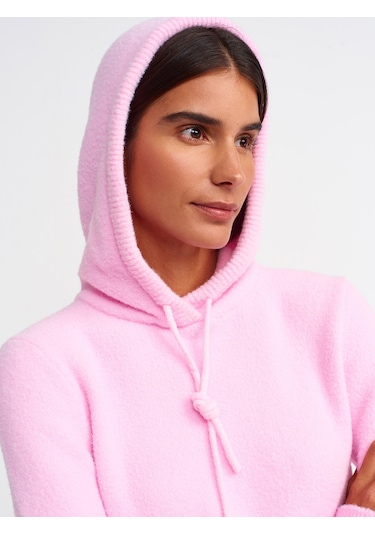 Dilvin Yumuşak Dokulu Kapşonlu Crop Kazak Pembe