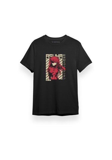 Neon Genesis Evangelion Asuka Poster Siyah Kısa Kol Erkek Tshirt 001