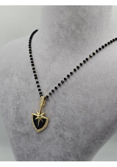 Siyah Taşlı Dorika Boncuklu Çelik Kalkan Kolye Siyah