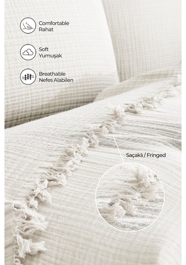 %100 Pamuk Müslin Yatak Örtüsü Seti Tek Kişilik 4 Kat Yumuşak Müslin Pike Takımı Battaniye Krem Krem