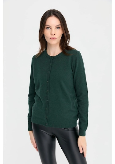 Desen Triko Kadın Sıfır Yaka Triko Yün Hırka 21031 Yeşil Yeşil