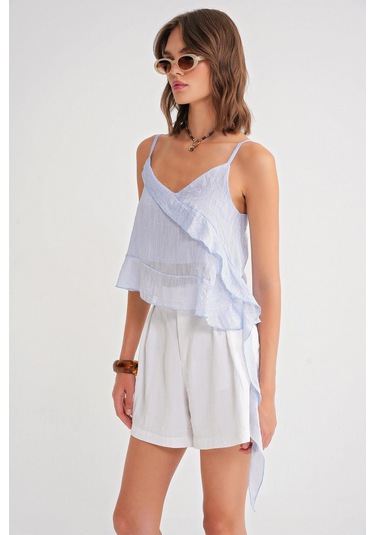 4736 Kadın Fırfırlı Askılı Bluz Bebe Mavi Bebe Mavi