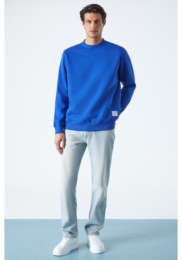 Travıs Erkek Yumuşacık Kumaşlı Regular Fit Yuvarlak Yakalı Saks Mavi Sweatshirt