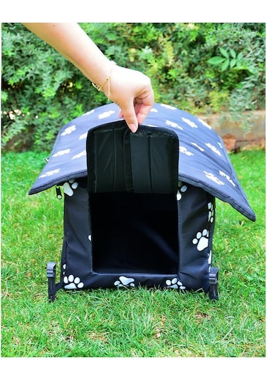 Yuga Pati Desenli Siyah Kedi Evi Isı Ve Yağmur Korumalı