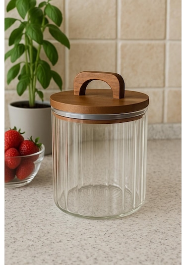 Qerhome Borosilikat Cam Optik Çizgili Akasya Kapaklı Kavanoz Zahire 1750 Ml Şeffaf