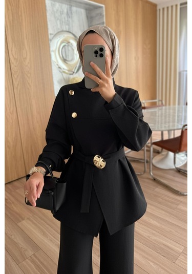 Omuz Düğmeli Trenç Takım - Siyah Siyah