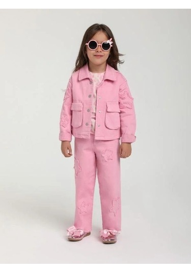 Kız Çocuk Yıldız İşlemeli Cep Detaylı Tasarım Pembe Kot Ceket-15651 Pembe