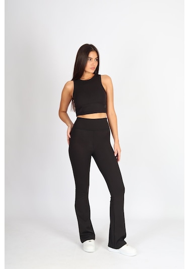Soft&Basic Kadın Kaşkorse Raporlu Toparlayıcı İspanyol Paça Siyah Tayt Pantalon Siyah