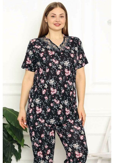 Alimer Kadın Siyah Büyük Beden Bermuda Viskon Pijama Takm 2708b-s Siyah