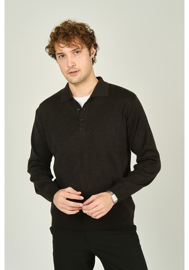 Ateş Triko Erkek Polo Yaka Düğmeli Yün Kazak 6091023 Füme Füme