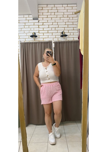 Tuba Toptaş Gofre Şort Lastikli Bel Pembe
