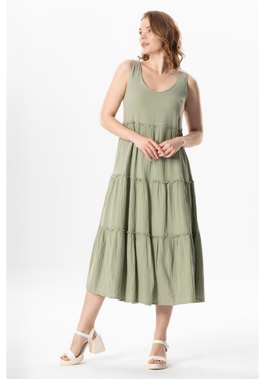 Kolsuz Artemis Oval Yaka Yıldız Baskılı Midi Boy Müslin Yazlık Elbise Zeytin Yeşili Zytnysl Zeytin Yeşili