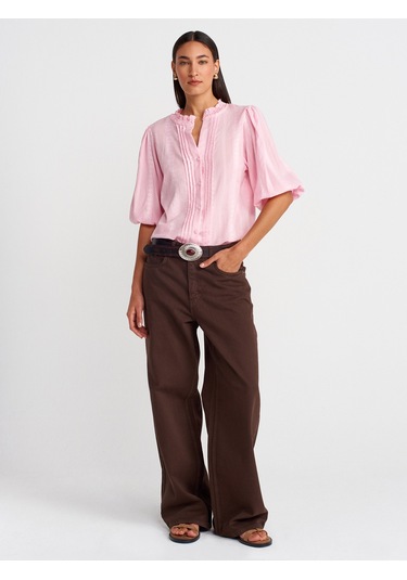 Dilvin 5807 Nervür Detaylı Balon Kol Gömlek-açık Pembe Açık Pembe