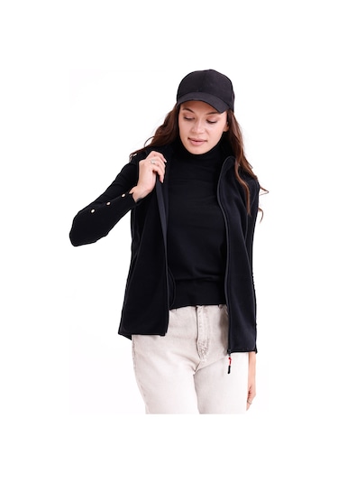 Monox Kadın Slim Fit Tam Fermuarlı Polar Yelek Siyah