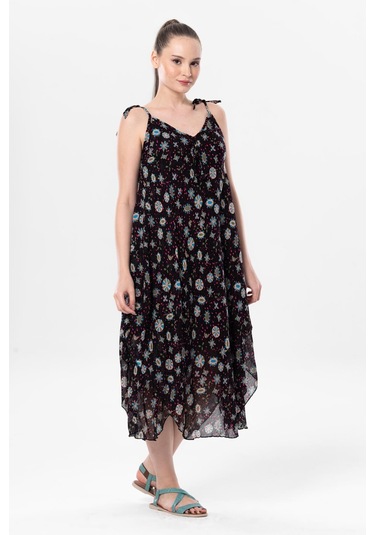 Askılı Vual Afrodit Midi Boy Yazlık Elbise Siyah 6200 - Kadın Siyah