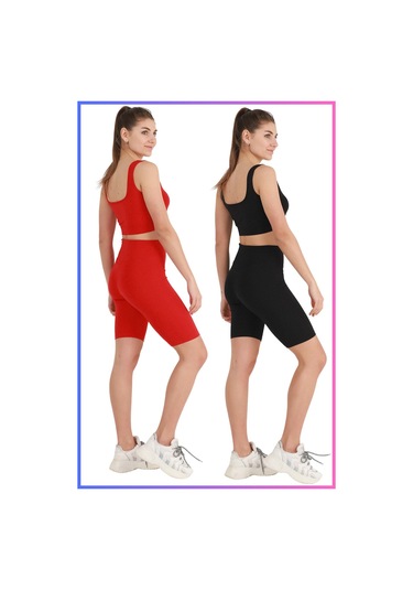 Kadın Yüksek Bel Toparlayıcı Şort Tayt Siyah & Kırmızı 2'li Paket Lycralı Biker Shorts 21071 Siyah - Kırmızı
