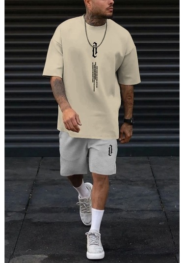 Dikey T-shirt Şort - Vizon Gri Alt Üst Kombin Şort Tişört Takım Baskılı Oversize Bisiklet Yaka Vizon