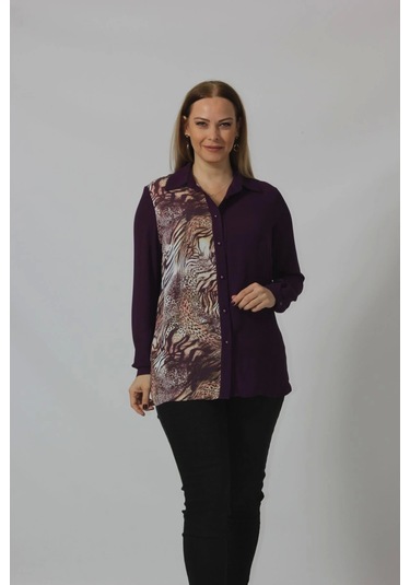Moda Berray 2320 Leopar Desenli Şifon Gömlek Mürdüm