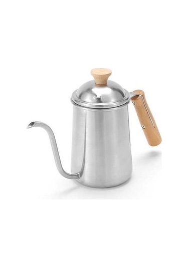 Fastbuy 304 Paslanmaz Çelik 650ml Taşınabilir Kahve Demleme Cezvesi, Ahşap Saplı Uzun Burunlu Gümüş Renkli Gümüş