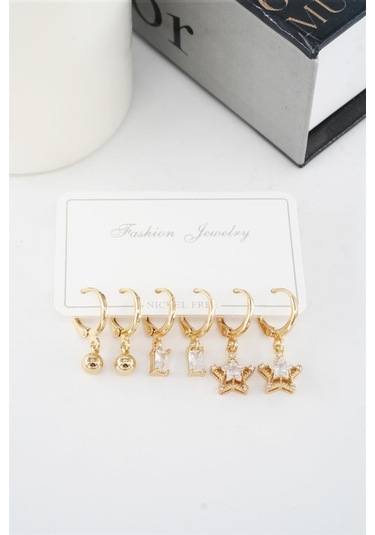 Kadın Zirkon Taşlı Sallantılı Yıldız Figürlü Klipsli 6'lı Küpe Seti Çok Renkli