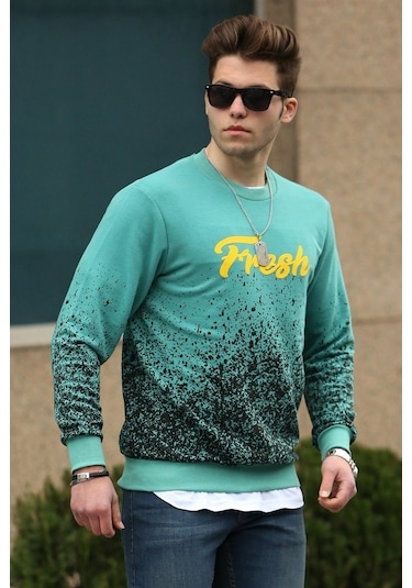 Yeşil Baskılı Bisiklet Yaka Sweatshirt