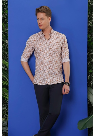 G 1542 Slim Fit Taba Klasik Gömlek Taba