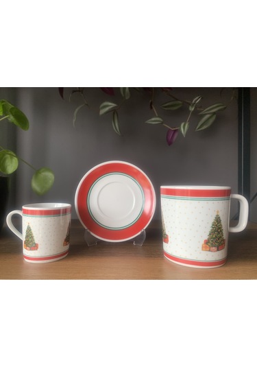 Yeni Yıl-noel Çam Ağacı Model 6 Parça 2 Kişilik Kupa Ve Türk Kahvesi Fincanı Takımı Çok Renkli