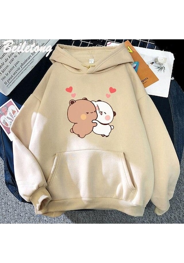 Haki Kawaii Hoodie Panda Ayı Karikatür Bubu Dudu Baskı Kız Büyük Boy Kazak İlkbahar/sonbahar Açık Mavi Uzun Kollu Cep Tops Haki