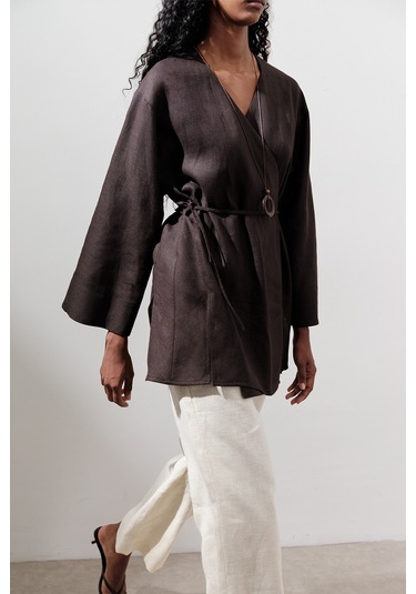 Keten Kruvaze Kapama Kimono Acı Kahve Acı Kahve