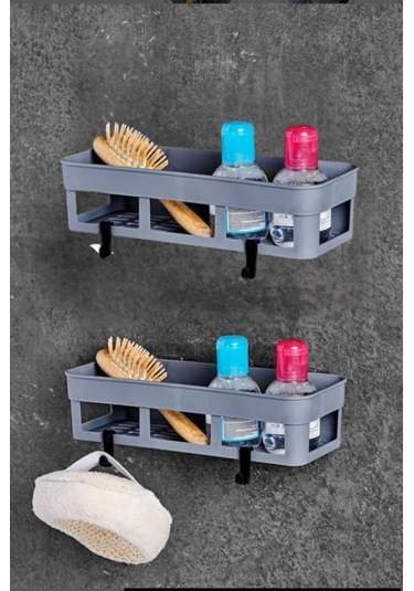 2 Adet Yapışkanlı Plastik Raf, Delme Vida Gerektirmeyen Banyo Duş Şampuan Mutfak Baharat Rafı Gri Gri