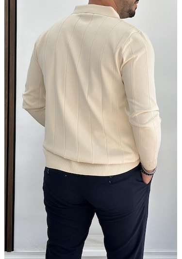 Erkek Yarım Fermuarlı Polo Yaka Mevsimlik Kazak Krem Edw195 Krem