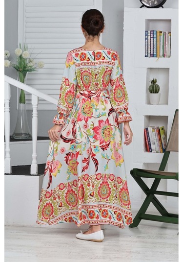 Kız Çocuk Viskon Kumaş Desenli Uzun Elbise Kiremit