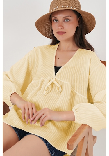 Kadın Önü Bağcıklı Uzun Kol Bluz 946 - Sarı Sari