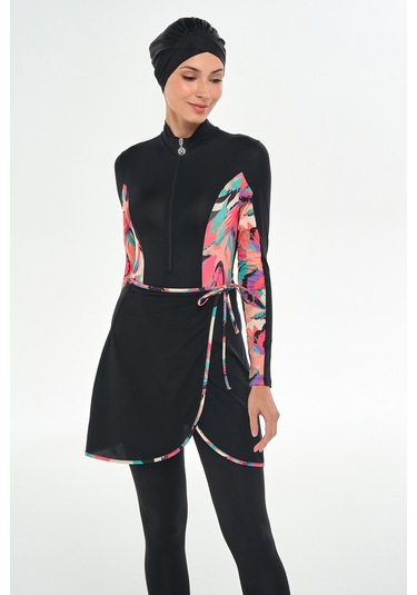 3 Farklı Şekilde Giyilebilir Likralı Etekli Tesettür Mayo Dora 2111 Siyah Siyah