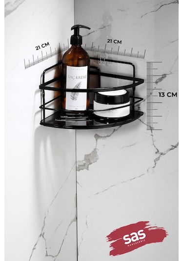 2’li Kancalı Yapışkanlı Banyo Duş Köşe Rafı – Ayarlanabilir Kristal Raf (Yapıştır/Vidala) Siyah-Siyah - LK-01 - SS
