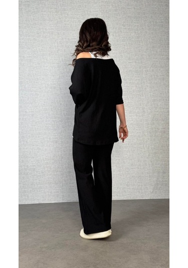 Sensuelle Kadın Kısa Kollu Omuzlardan Açık Yarasa Kollu Bürümcük Bluz Ve Pantolon Ve Viskon Atlet Siyah