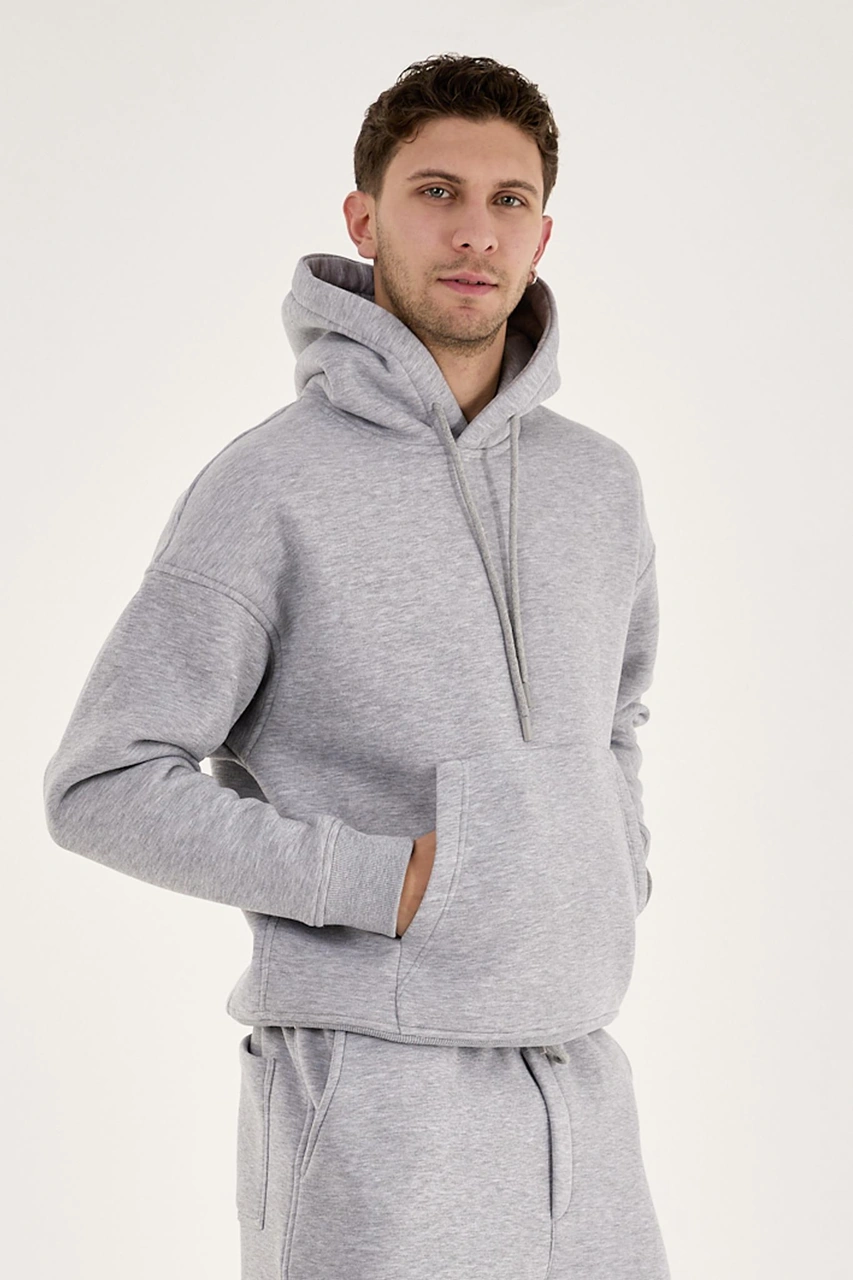 Q-4008 Kapüşonlu Üç İp Şardonlu Sweat Gri