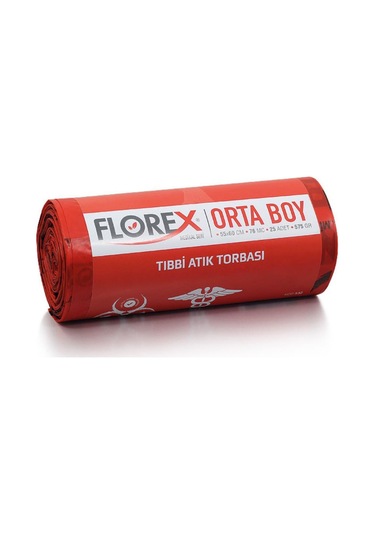 Florex Tıbbi Atık Çöp Poşeti Orta Baskılı Kırmızı 25 Yaprak 1 Rulo 55 x 60 CM