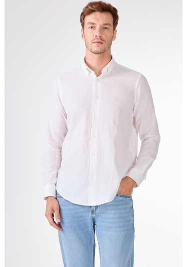 Beyaz Keten Düz Renk Regular Fit Erkek Gömlek Beyaz