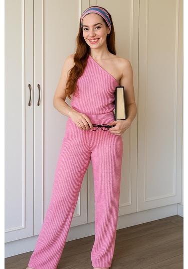 Tek Omuzlu & Gofre Dokulu İkili Takım Pembe