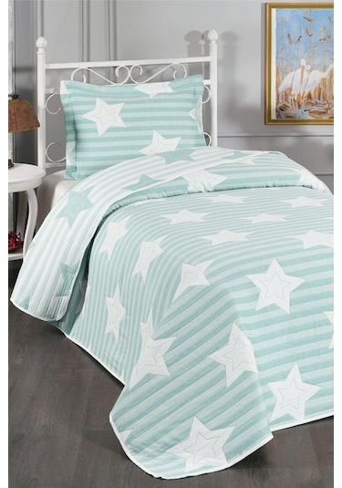 Evlen Home Pedri Yıldız Desenli Pamuklu Tek Kişilik Yatak Örtüsü Pike Takımı 2 Parça Çocuk Yatak Örtüsü Mint