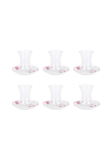 Tantitoni 12 Parça Kuşlu Pembe Çiçekli New Bone Çay Bardağı Takımı