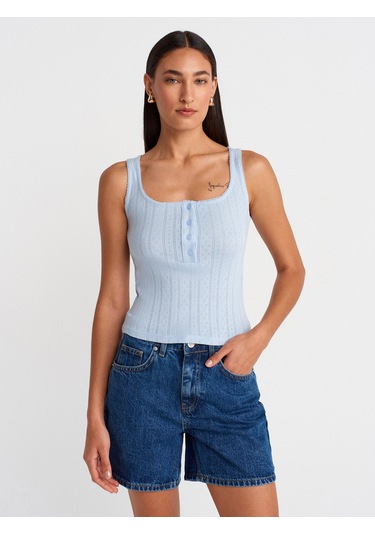 Dilvin 21069 Düğmeli Kare Yaka Top-açık Mavi Açık Mavi