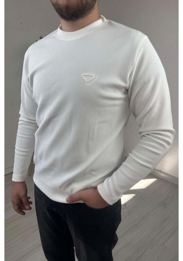 Explode - Erkek Beyaz Bisiklet Yaka Slim Kazak Beyaz